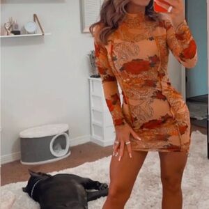 Fashion Nova Orange and Red Long Sleeve Dress
